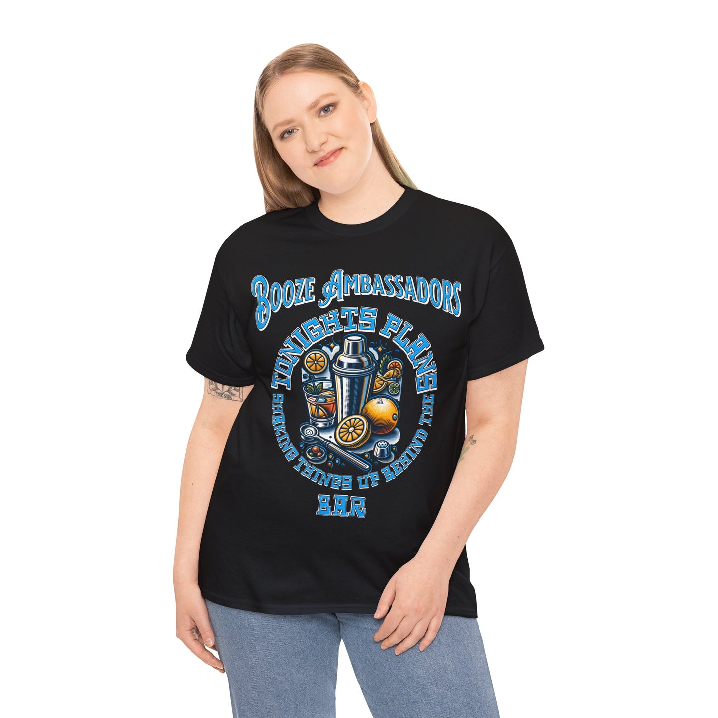 BOOZE SHAKING THINGS UP ON FRONT Unisex Heavy Cotton Tee
