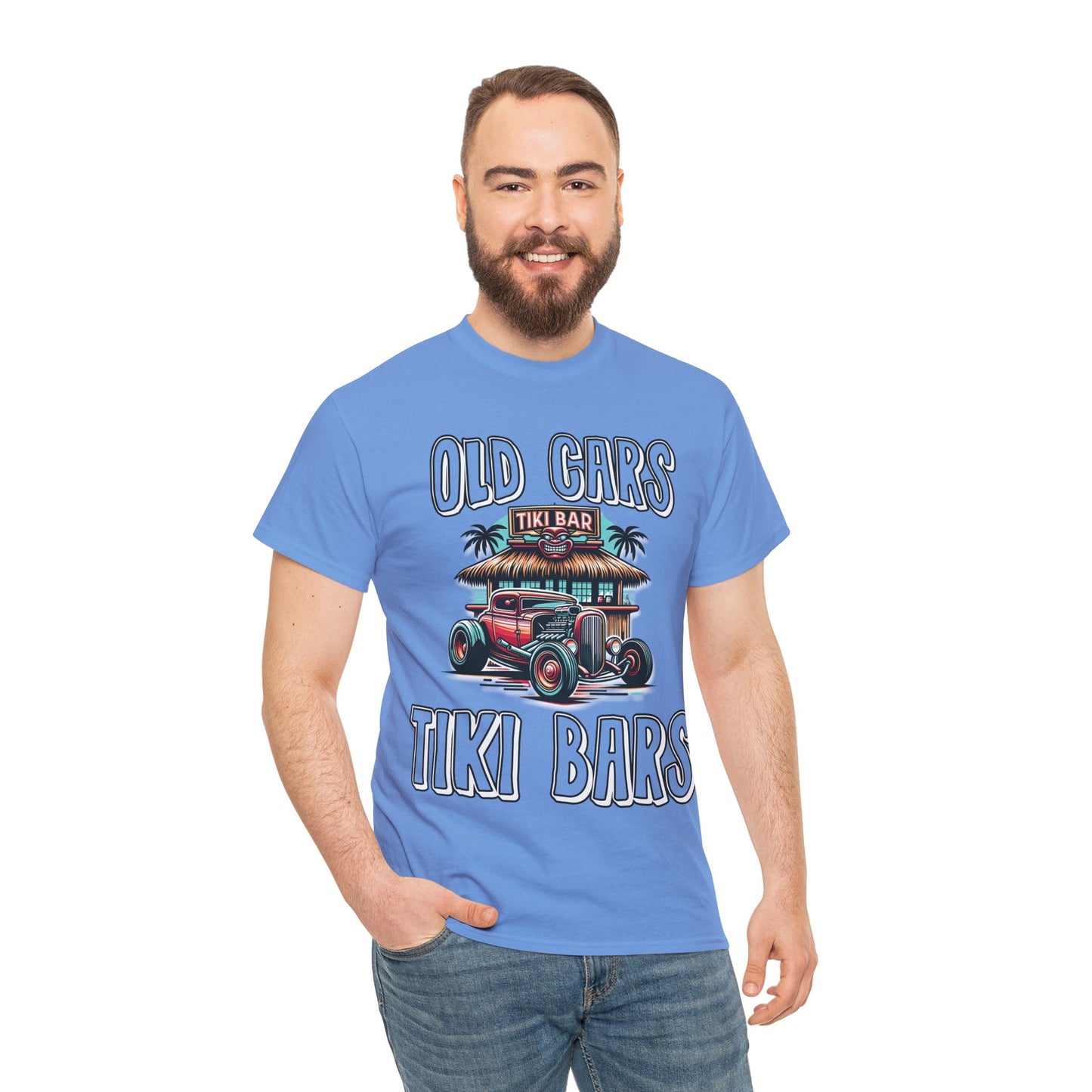 OLD CARS AND TIKI BARS ON FRONT Unisex Heavy Cotton Tee