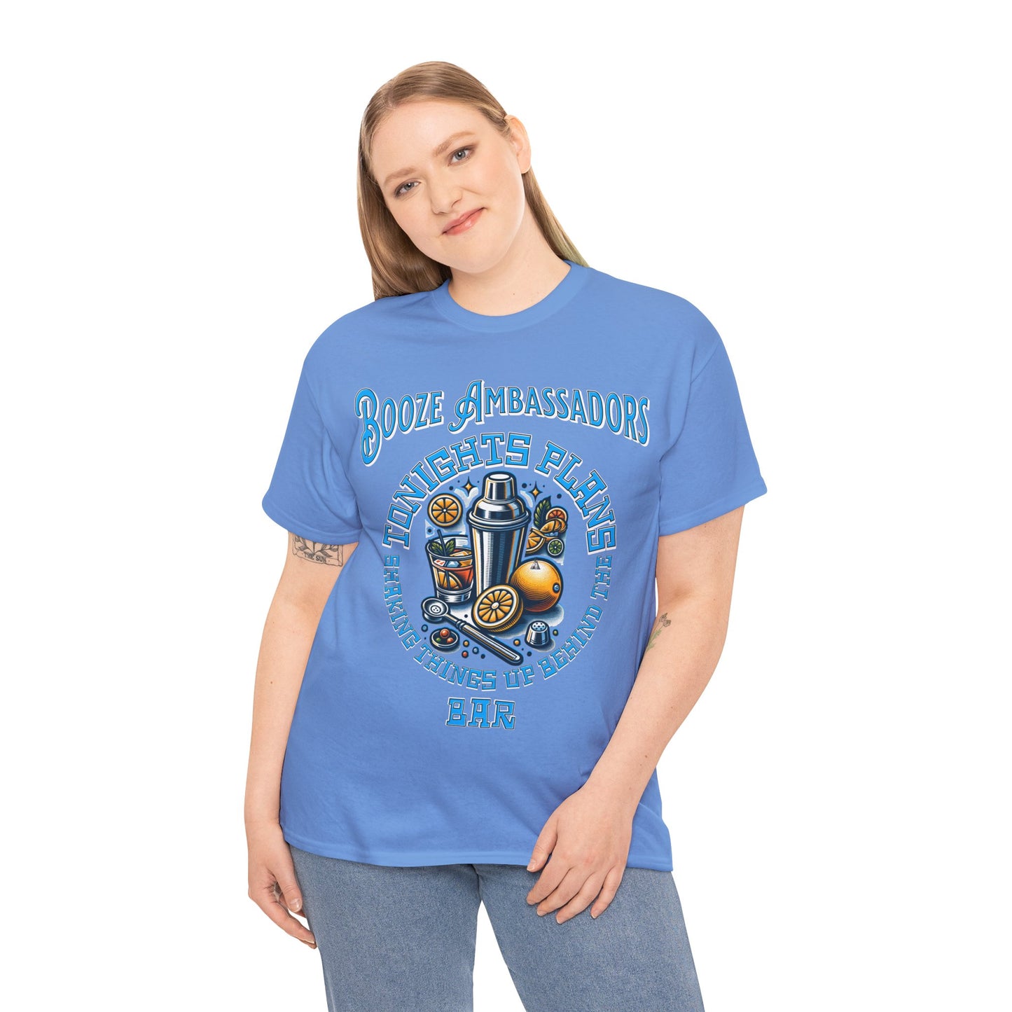 BOOZE SHAKING THINGS UP ON FRONT Unisex Heavy Cotton Tee