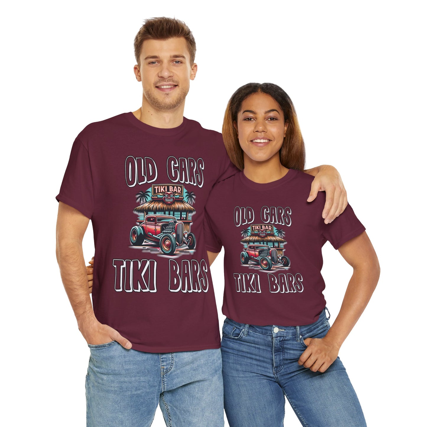OLD CARS AND TIKI BARS ON FRONT Unisex Heavy Cotton Tee