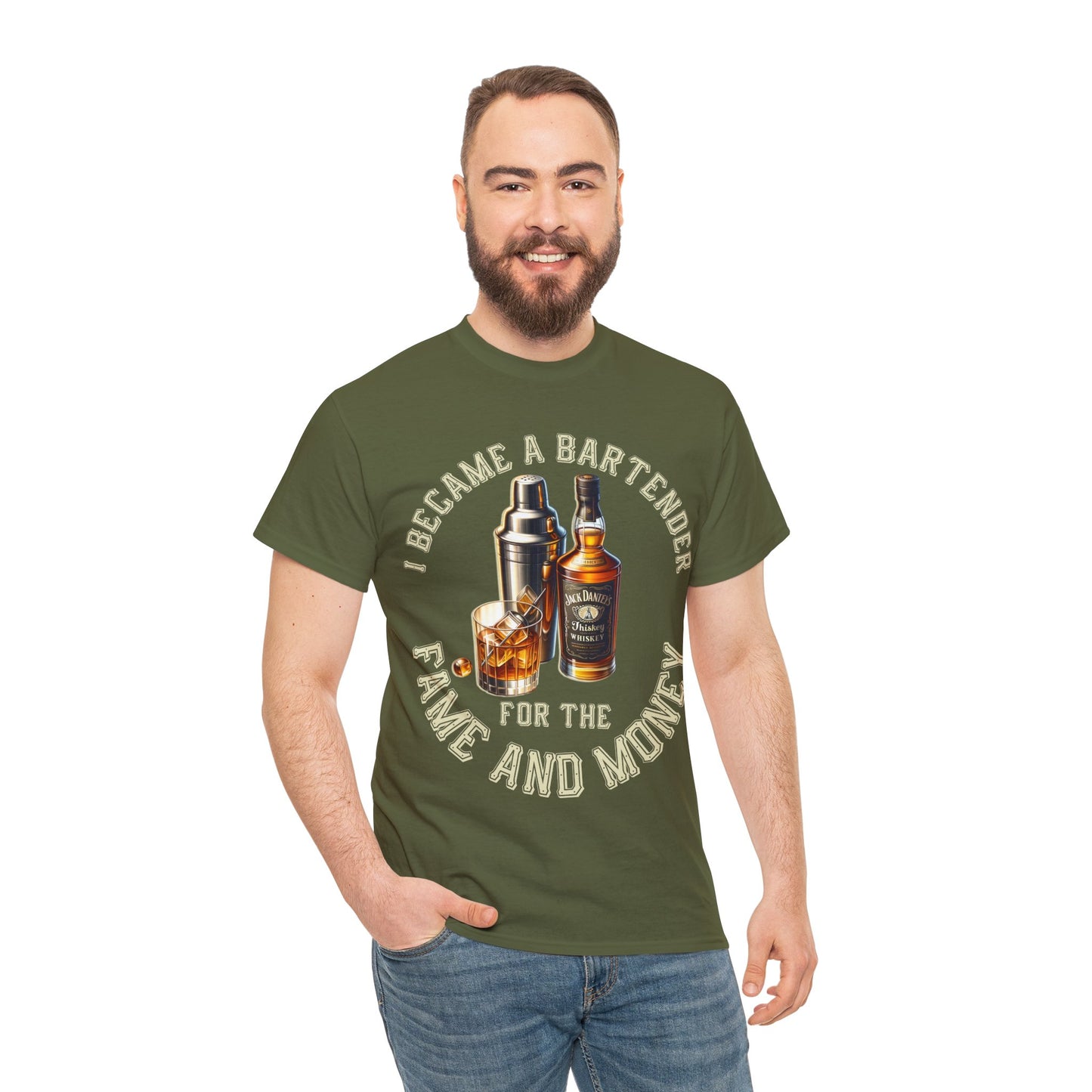 BARTENDER FAME AND MONEY ON FRONT  Unisex Heavy Cotton Tee