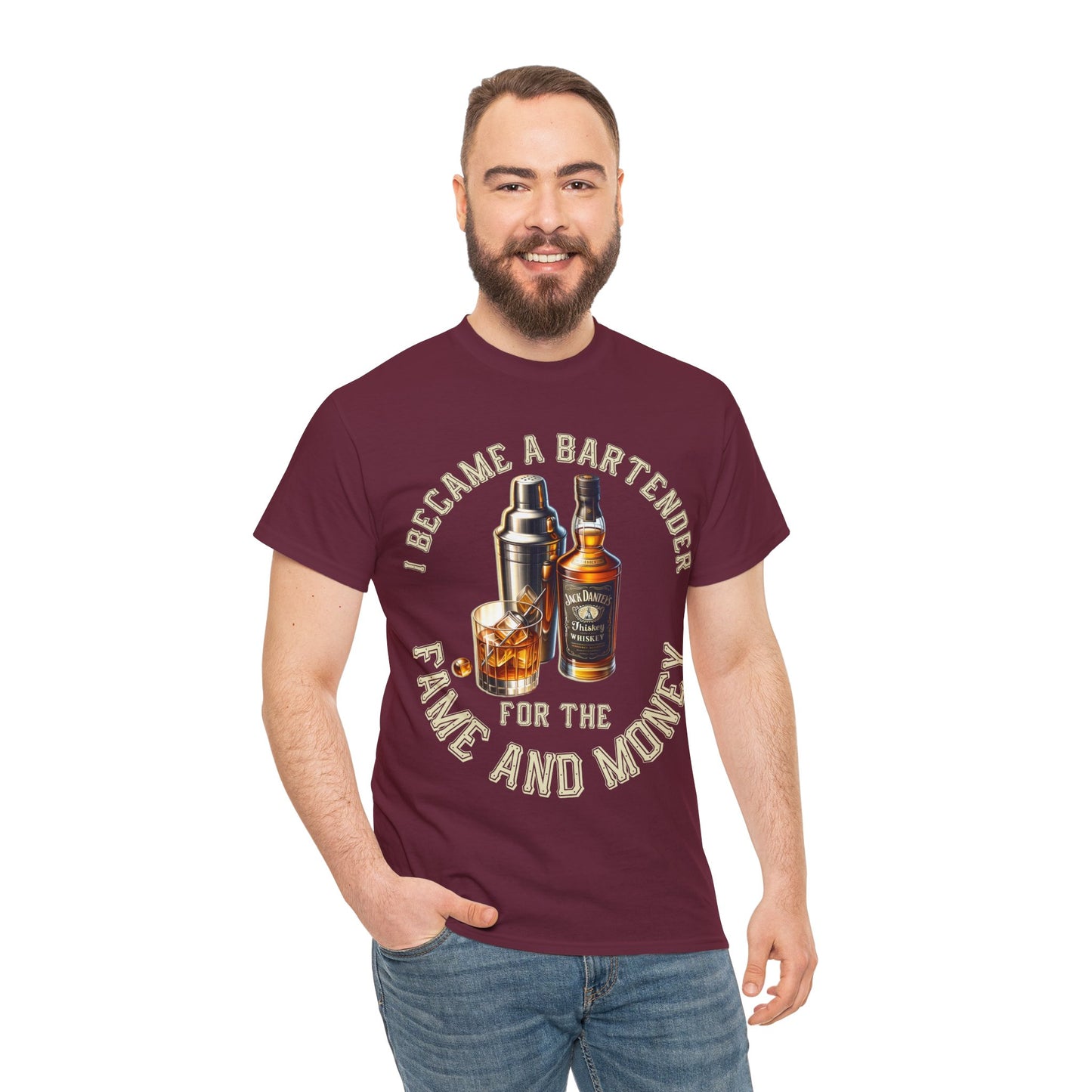 BARTENDER FAME AND MONEY ON FRONT Unisex Heavy Cotton Tee