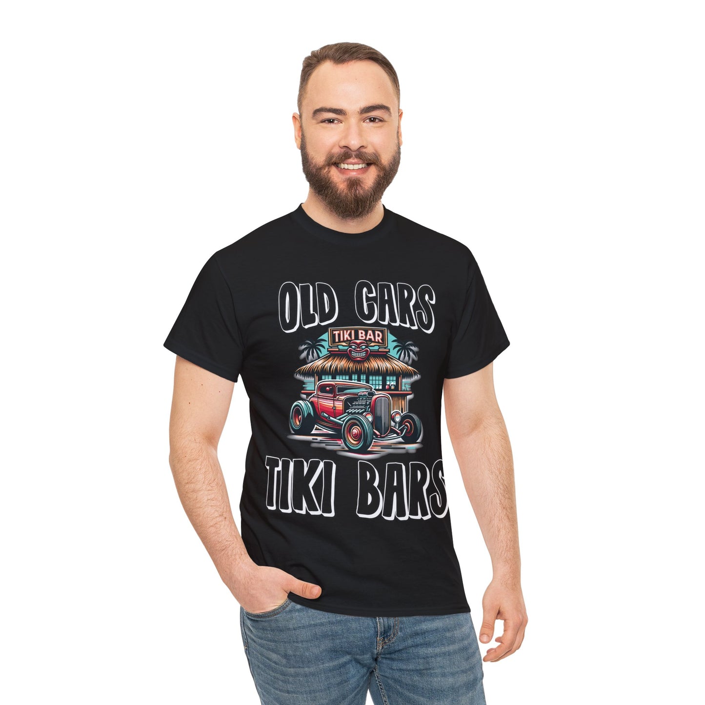 OLD CARS AND TIKI BARS ON FRONT Unisex Heavy Cotton Tee