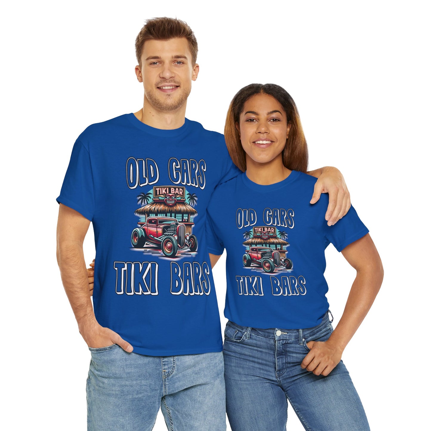 OLD CARS AND TIKI BARS ON FRONT Unisex Heavy Cotton Tee