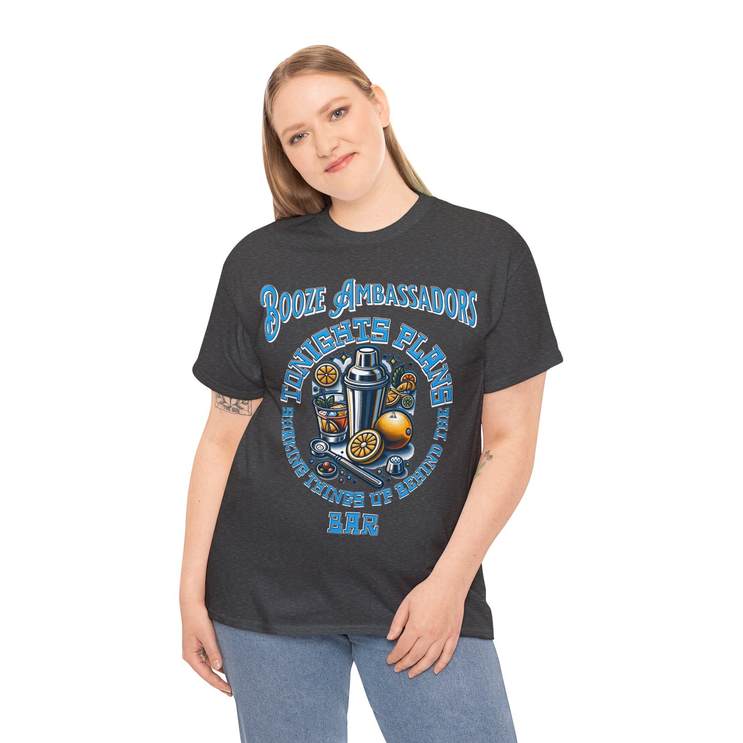 BOOZE SHAKING THINGS UP ON FRONT Unisex Heavy Cotton Tee