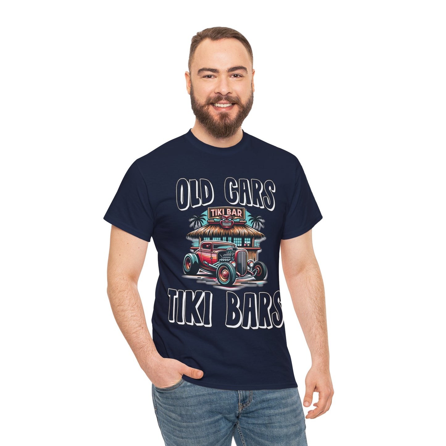 OLD CARS AND TIKI BARS ON FRONT Unisex Heavy Cotton Tee