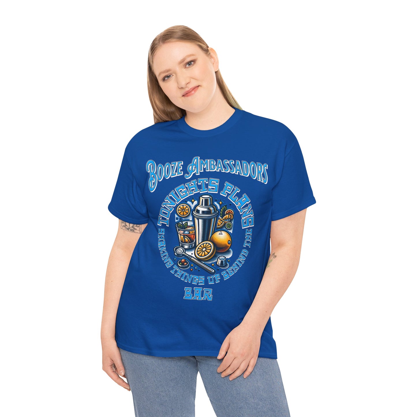 BOOZE SHAKING THINGS UP ON FRONT Unisex Heavy Cotton Tee