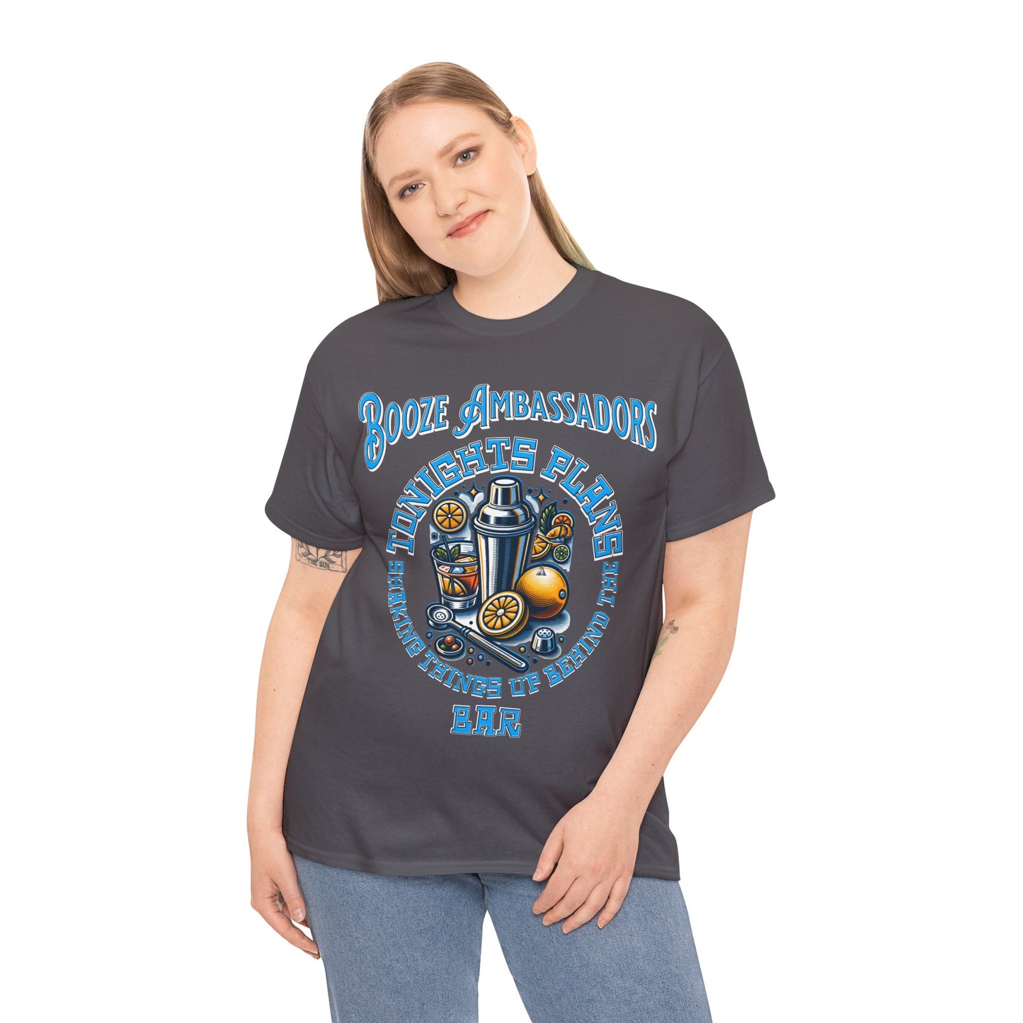 BOOZE SHAKING THINGS UP ON FRONT Unisex Heavy Cotton Tee