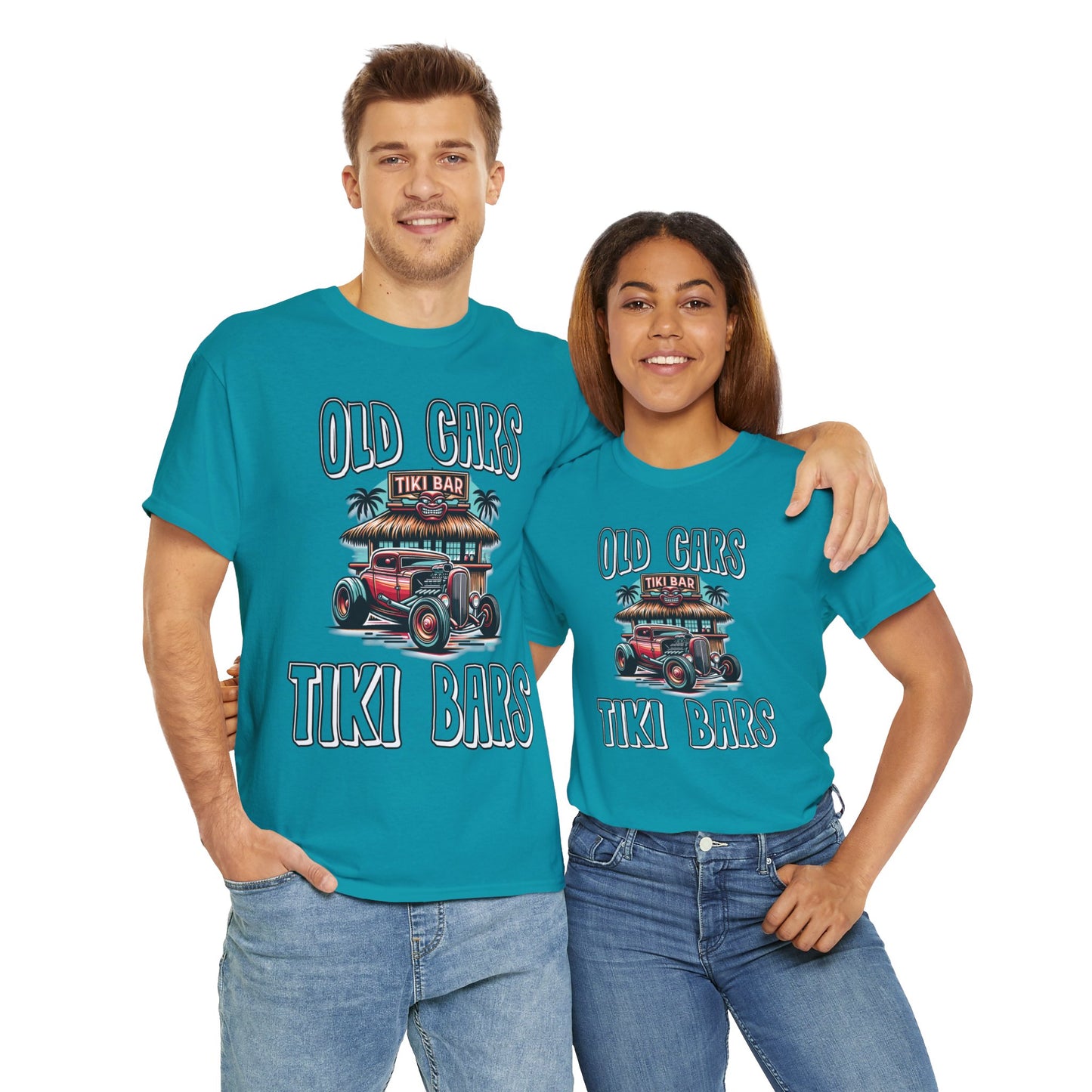 OLD CARS AND TIKI BARS ON FRONT Unisex Heavy Cotton Tee