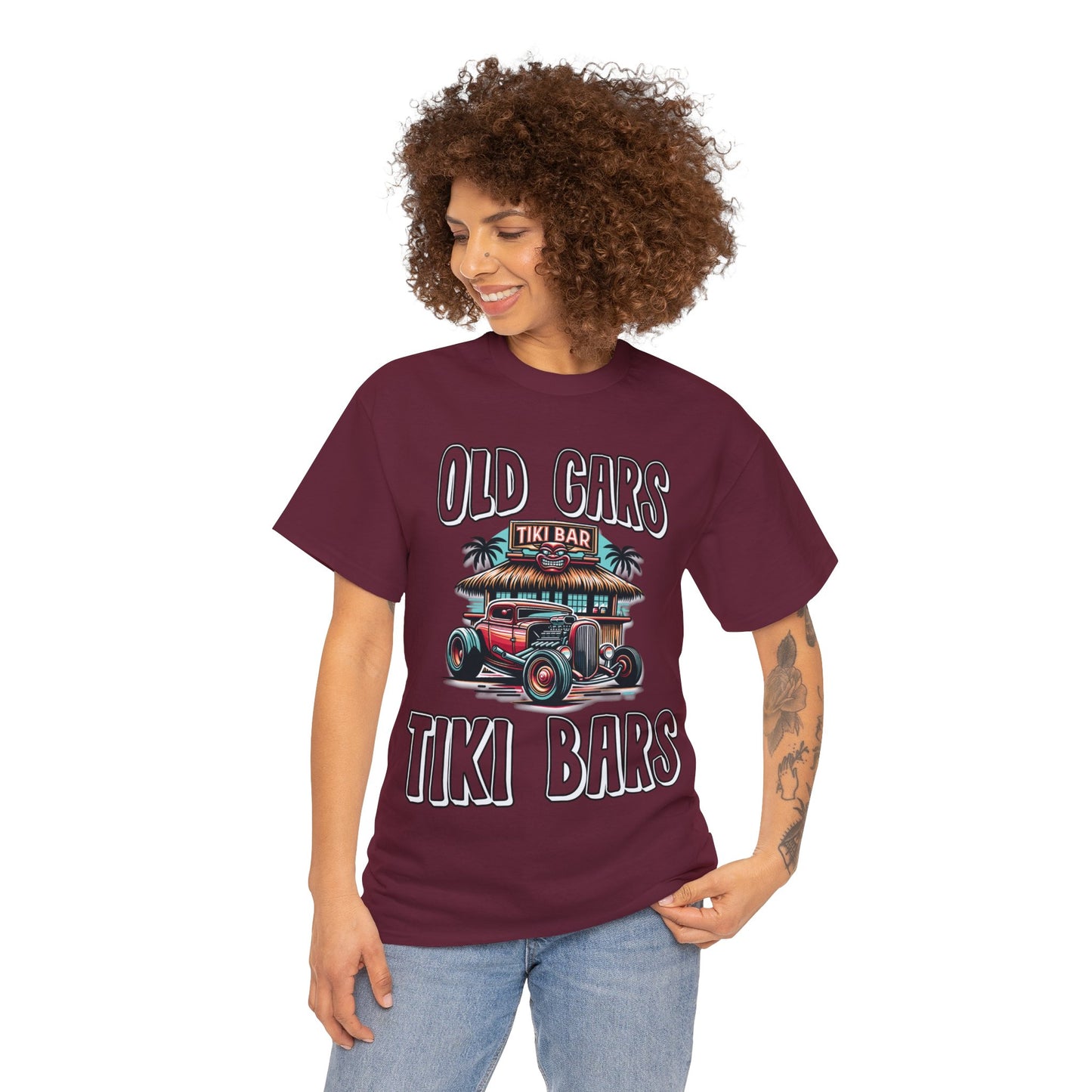 OLD CARS AND TIKI BARS ON FRONT Unisex Heavy Cotton Tee