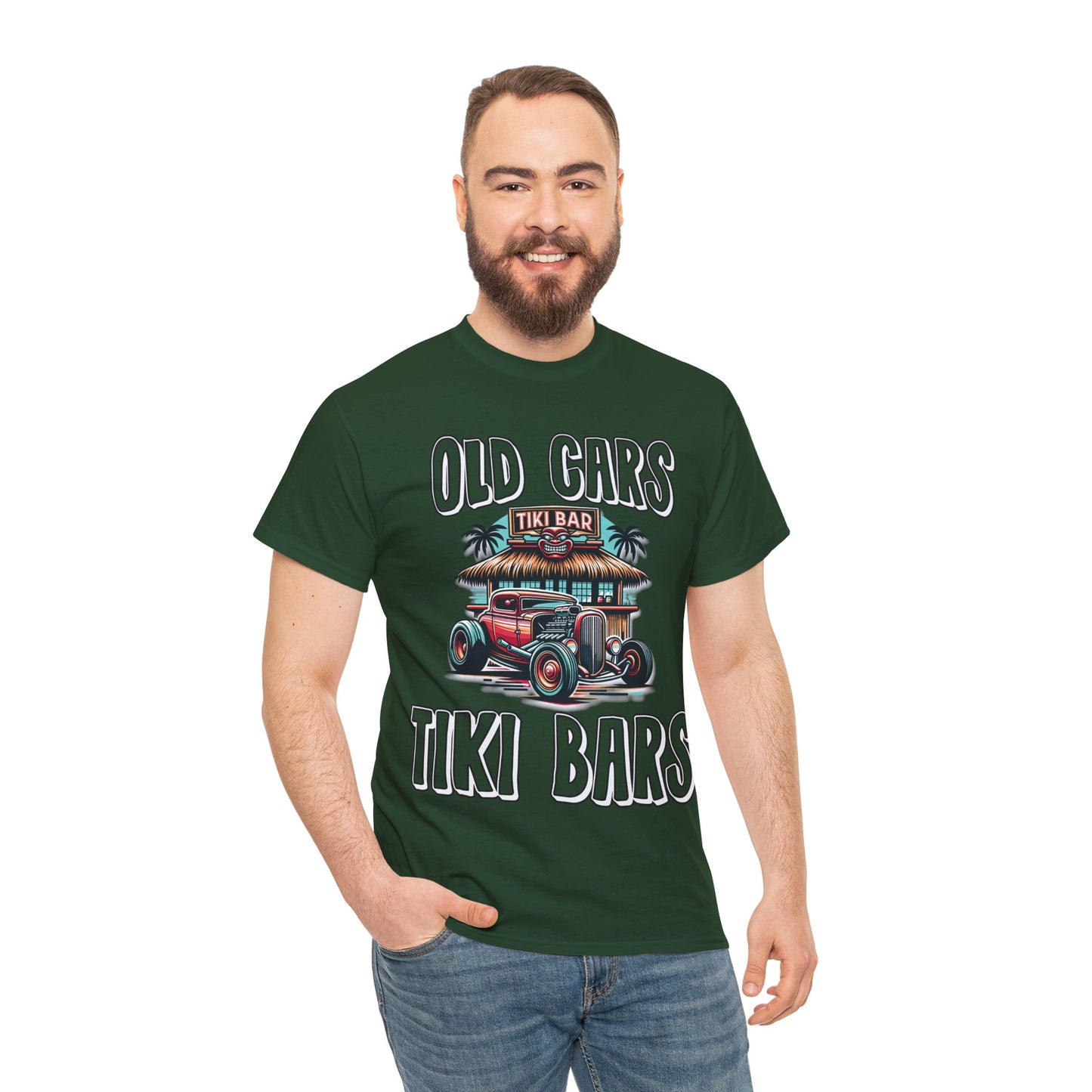 OLD CARS AND TIKI BARS ON FRONT Unisex Heavy Cotton Tee