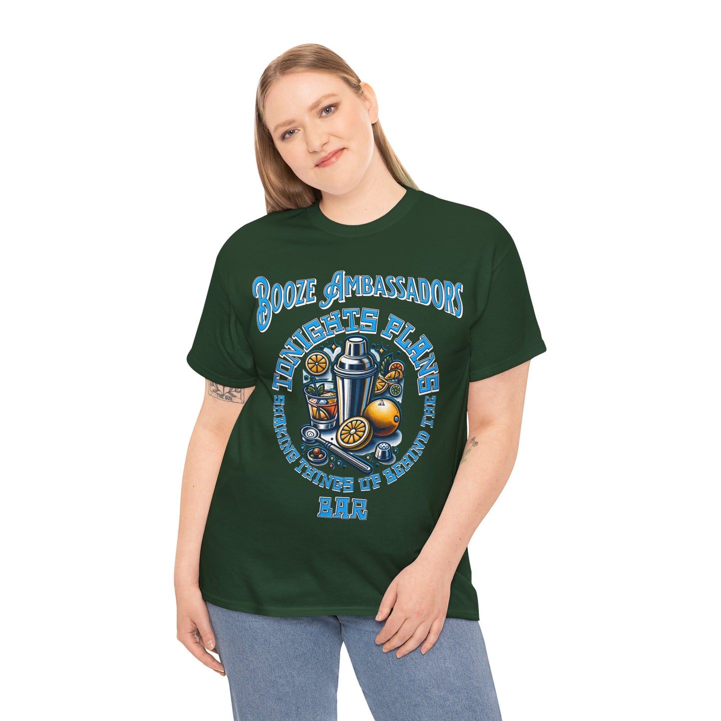 BOOZE SHAKING THINGS UP ON FRONT Unisex Heavy Cotton Tee