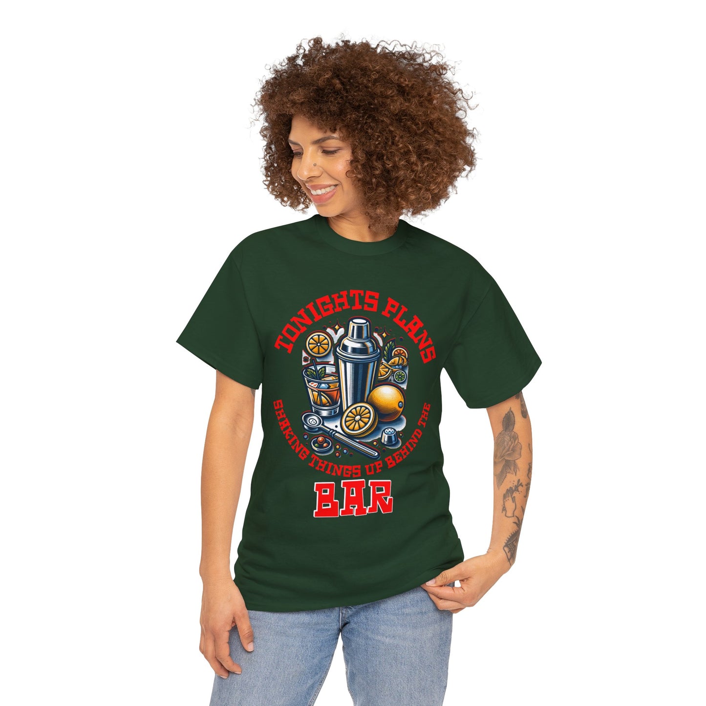 BARTENDER SHAKING THINGS UP ON FRONT  Unisex Heavy Cotton Tee