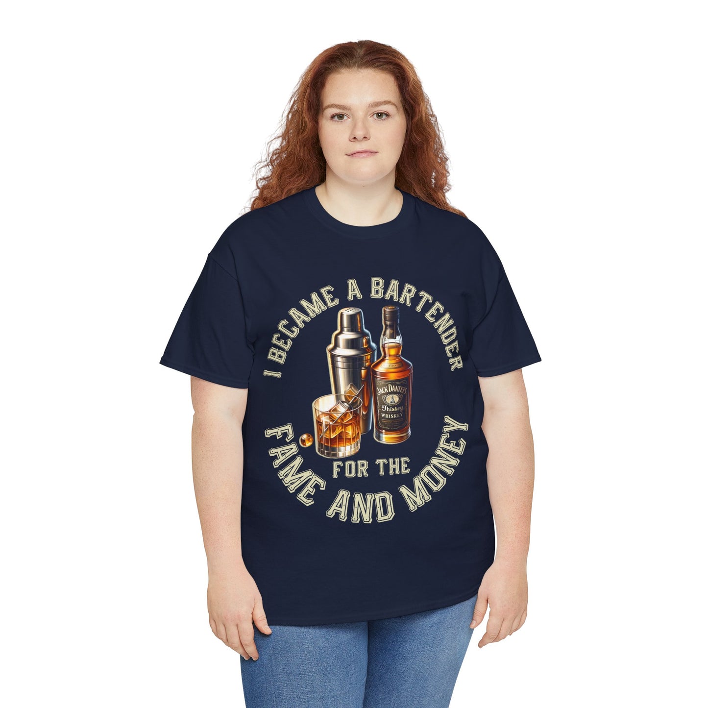 BARTENDER FAME AND MONEY ON FRONT  Unisex Heavy Cotton Tee