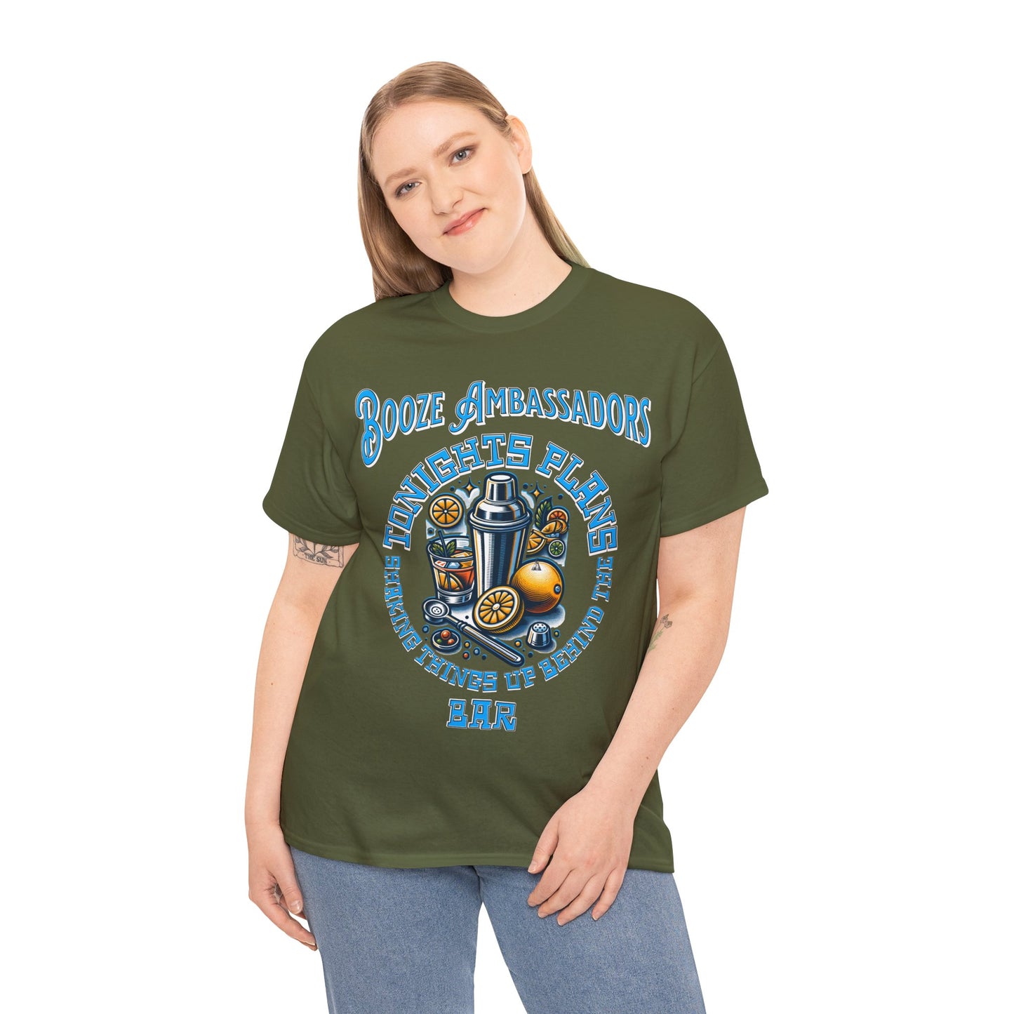 BOOZE  SHAKING THINGS UP ON FRONT  Unisex Heavy Cotton Tee