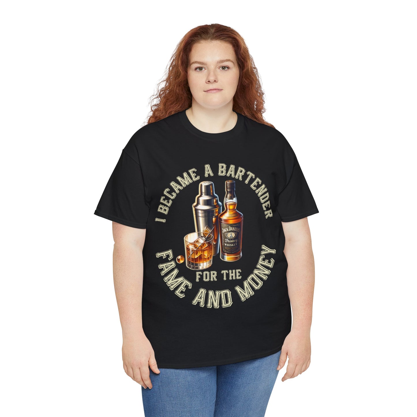 BARTENDER FAME AND MONEY ON FRONT  Unisex Heavy Cotton Tee