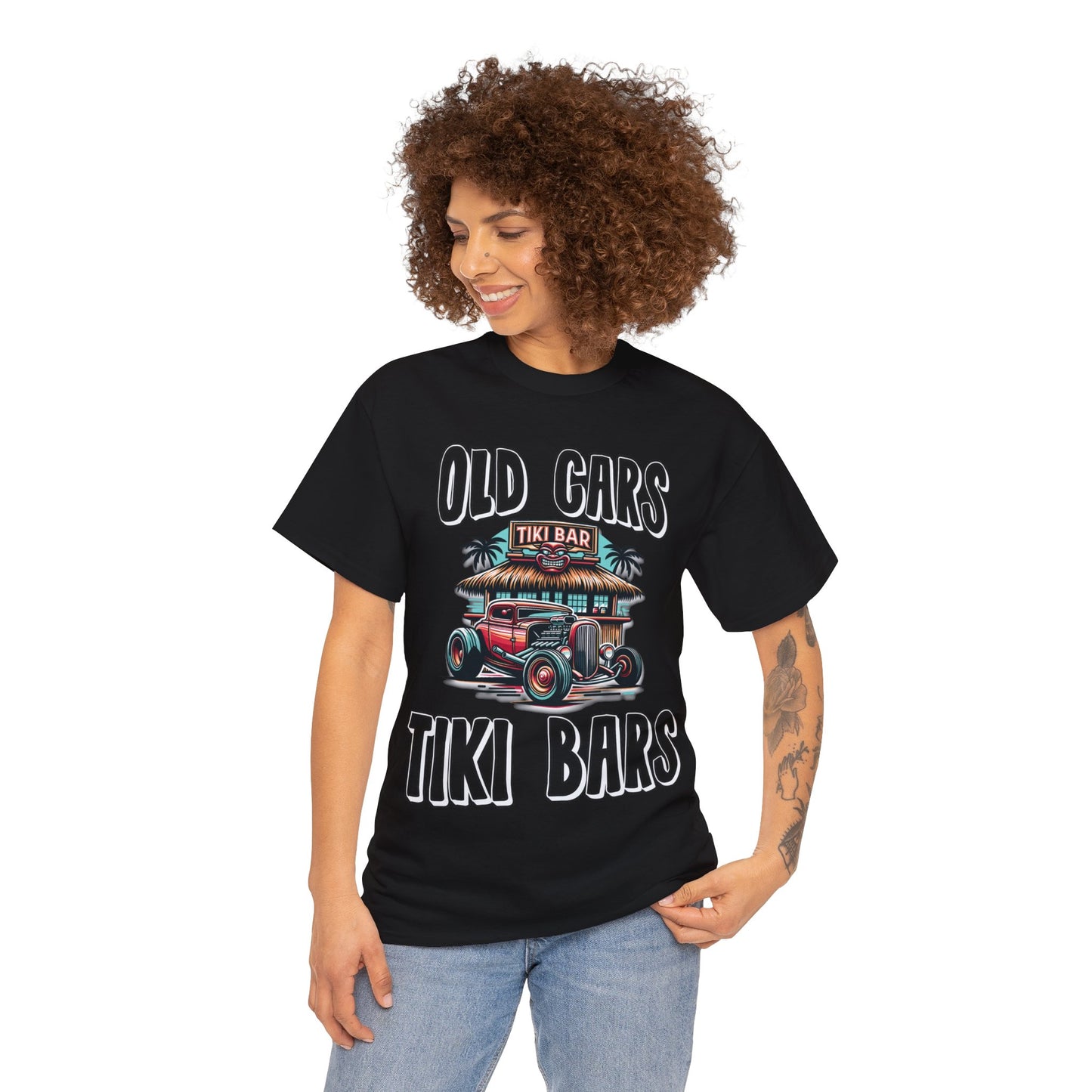 OLD CARS AND TIKI BARS ON FRONT  Unisex Heavy Cotton Tee