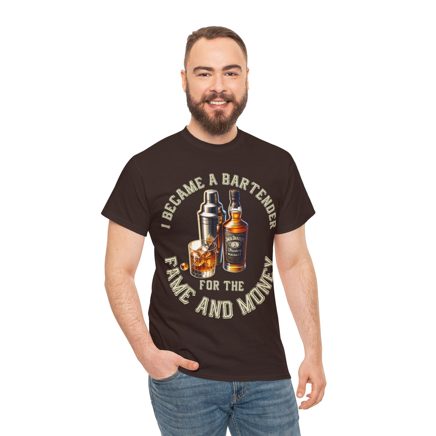 BARTENDER FAME AND MONEY ON FRONT  Unisex Heavy Cotton Tee