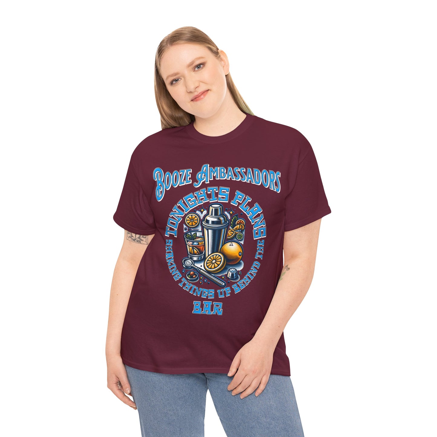 BOOZE  SHAKING THINGS UP ON FRONT  Unisex Heavy Cotton Tee
