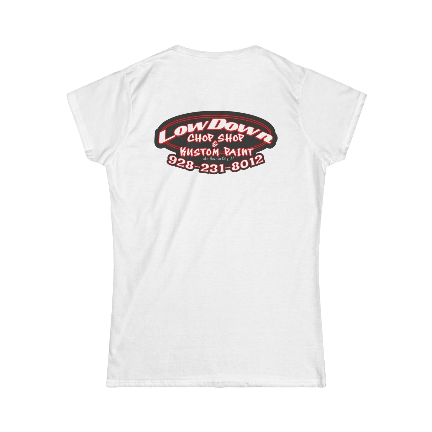 Low Down Custom Paint with phone number -Women's Softstyle Tee