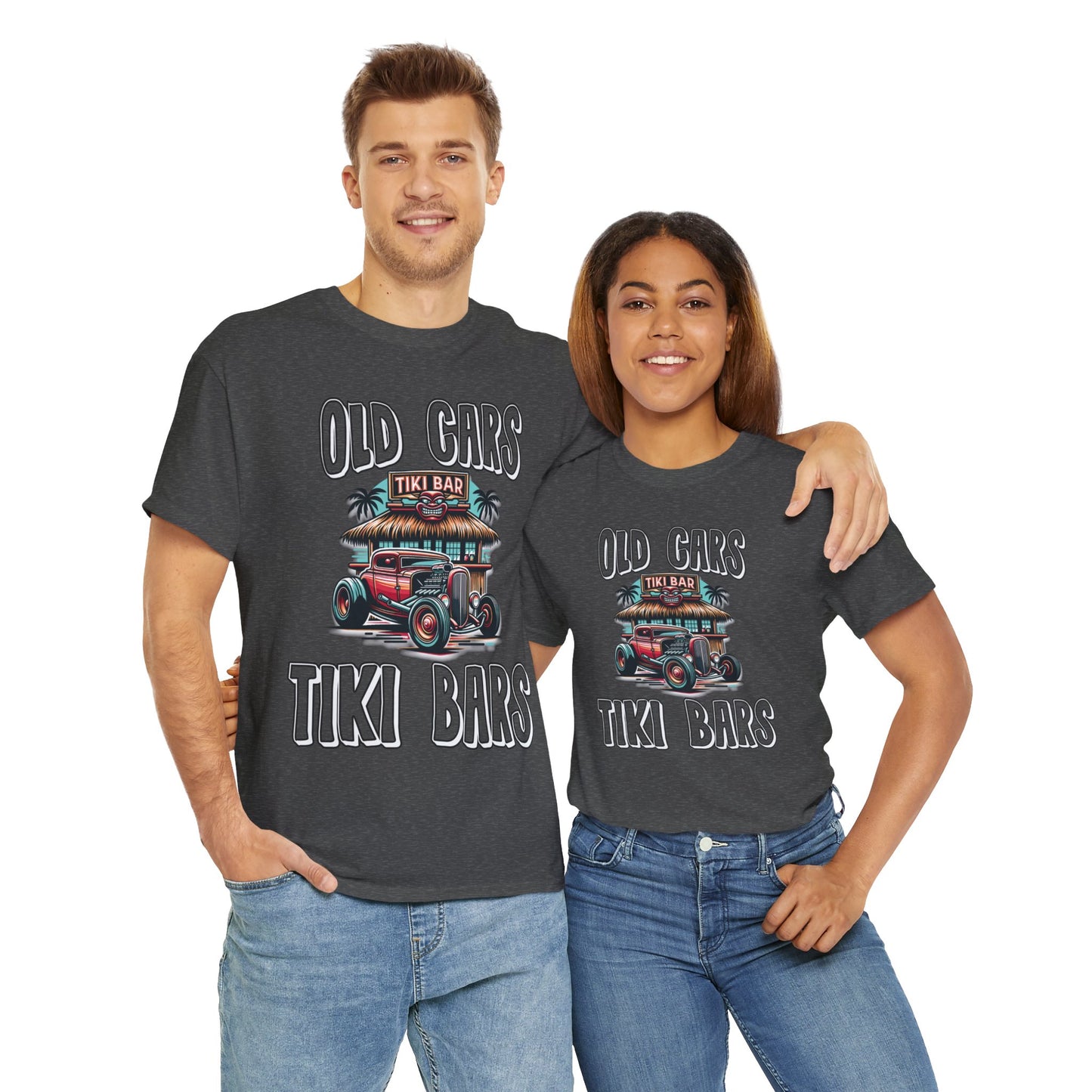 OLD CARS AND TIKI BARS ON FRONT  Unisex Heavy Cotton Tee