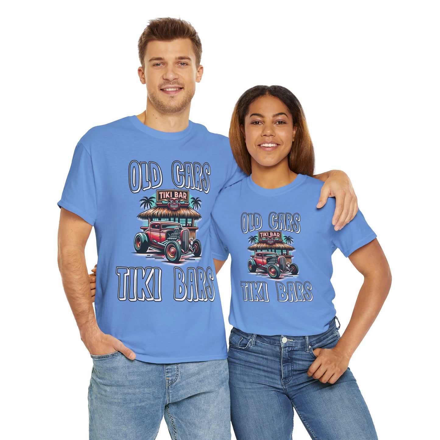 OLD CARS AND TIKI BARS ON FRONT  Unisex Heavy Cotton Tee