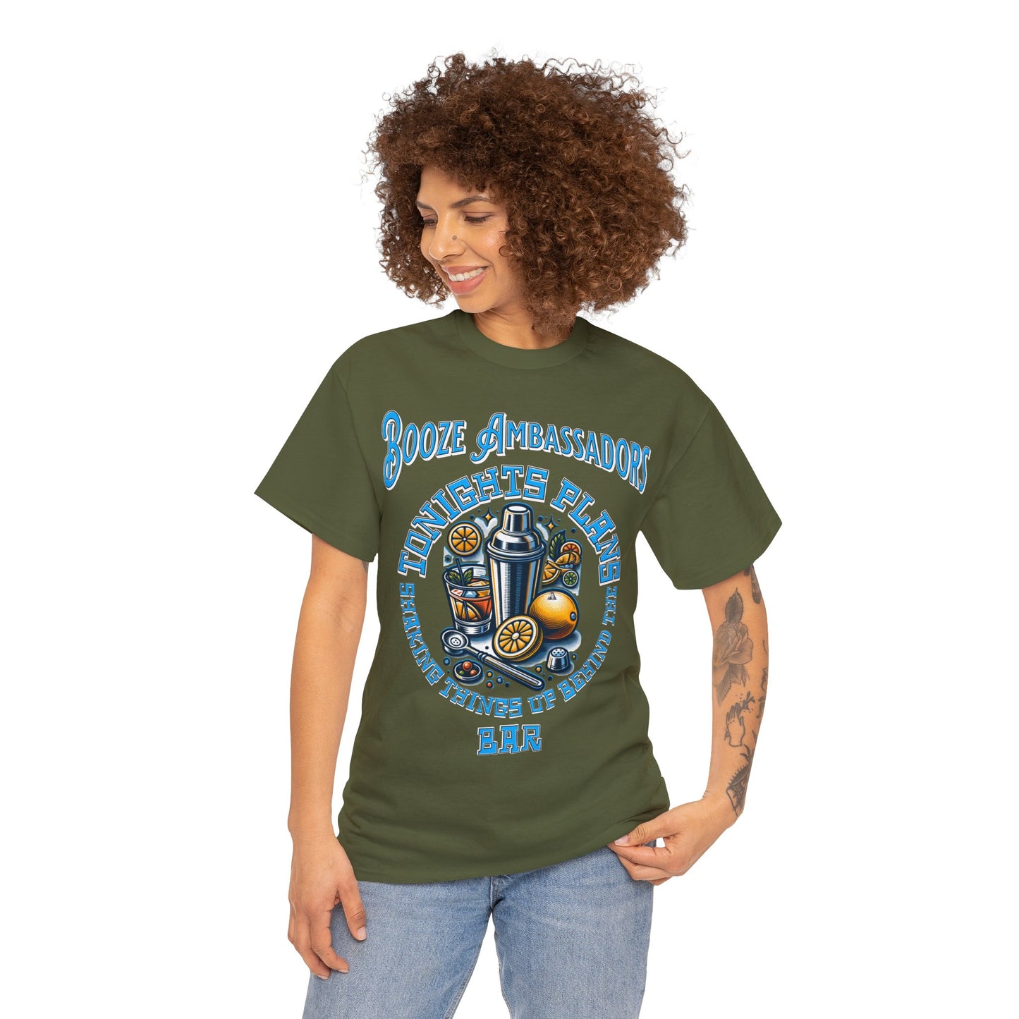 BOOZE  SHAKING THINGS UP ON FRONT  Unisex Heavy Cotton Tee