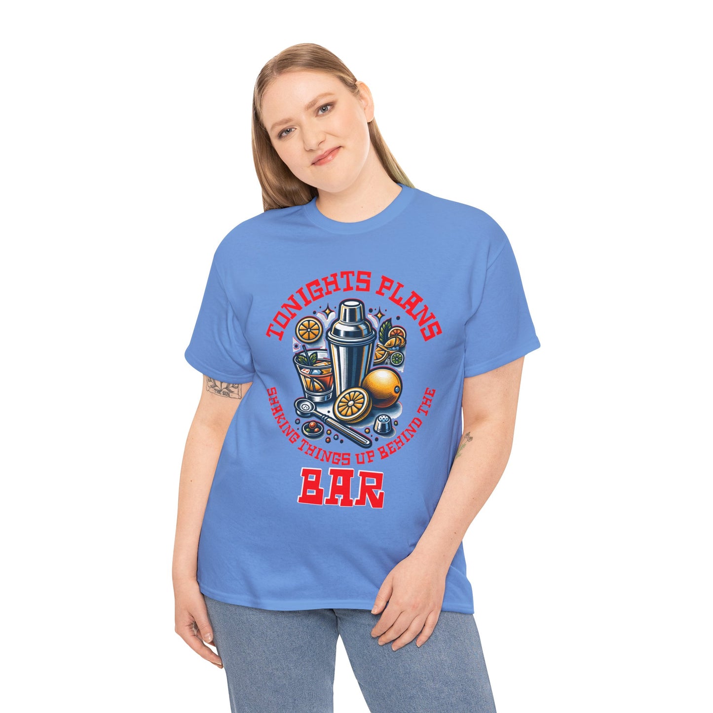 BARTENDER SHAKING THINGS UP ON FRONT  Unisex Heavy Cotton Tee