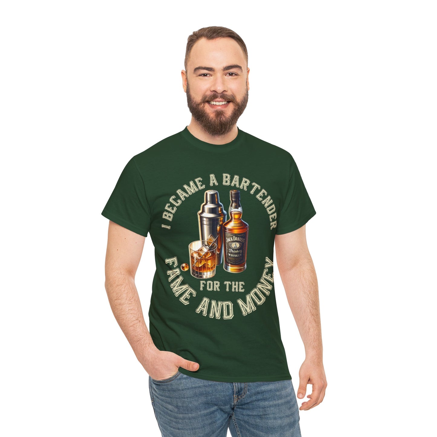 BARTENDER FAME AND MONEY ON FRONT  Unisex Heavy Cotton Tee