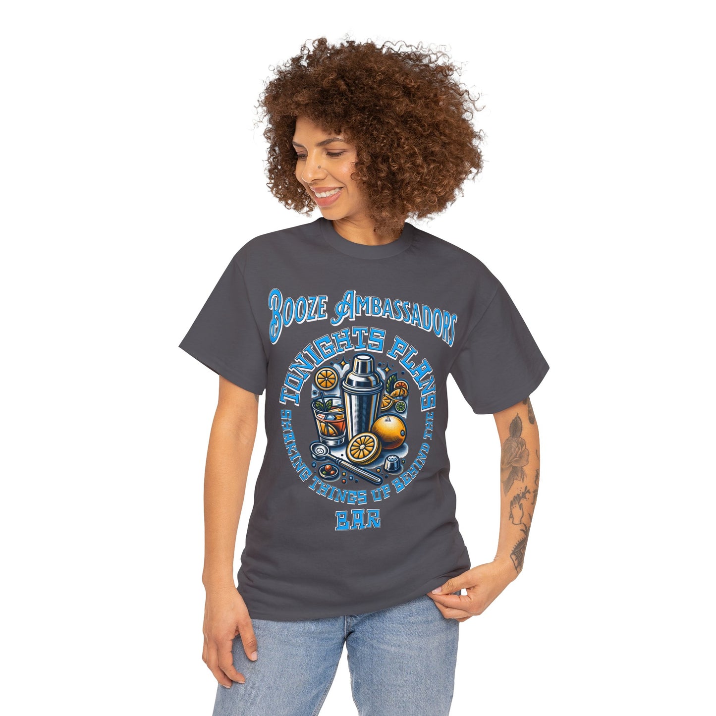 BOOZE  SHAKING THINGS UP ON FRONT  Unisex Heavy Cotton Tee