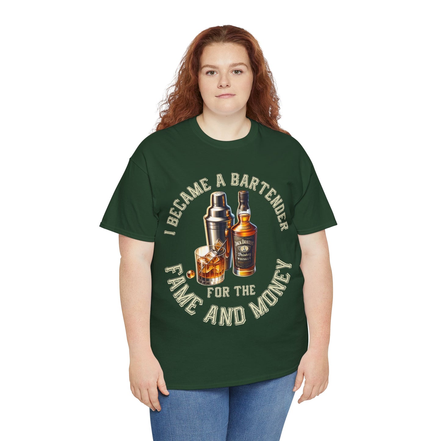 BARTENDER FAME AND MONEY ON FRONT  Unisex Heavy Cotton Tee