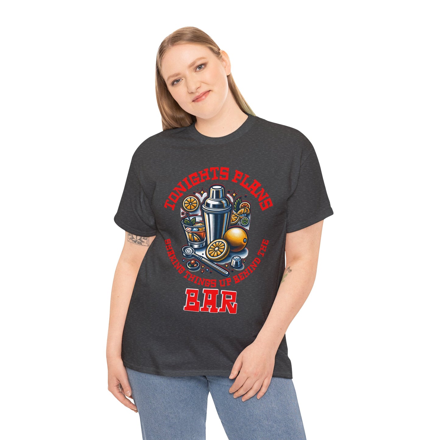 BARTENDER SHAKING THINGS UP ON FRONT  Unisex Heavy Cotton Tee