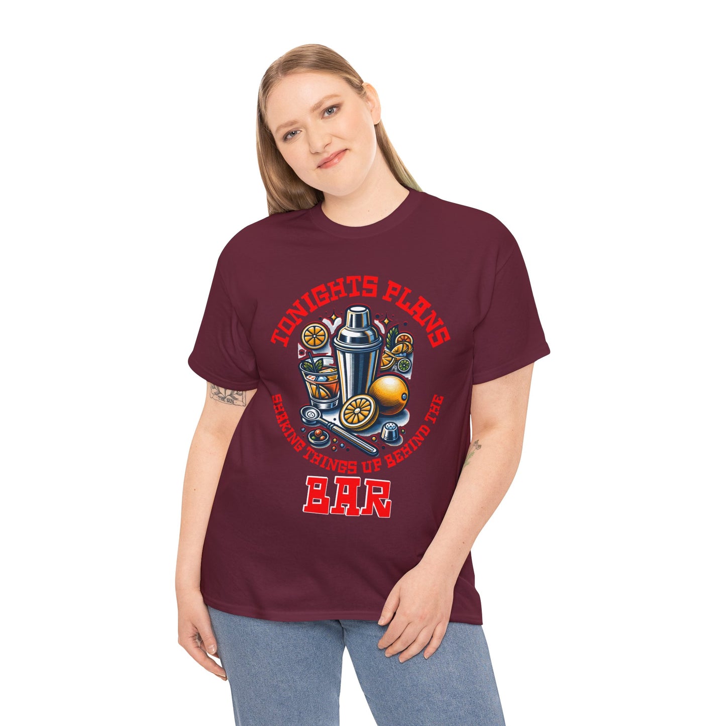 BARTENDER SHAKING THINGS UP ON FRONT  Unisex Heavy Cotton Tee