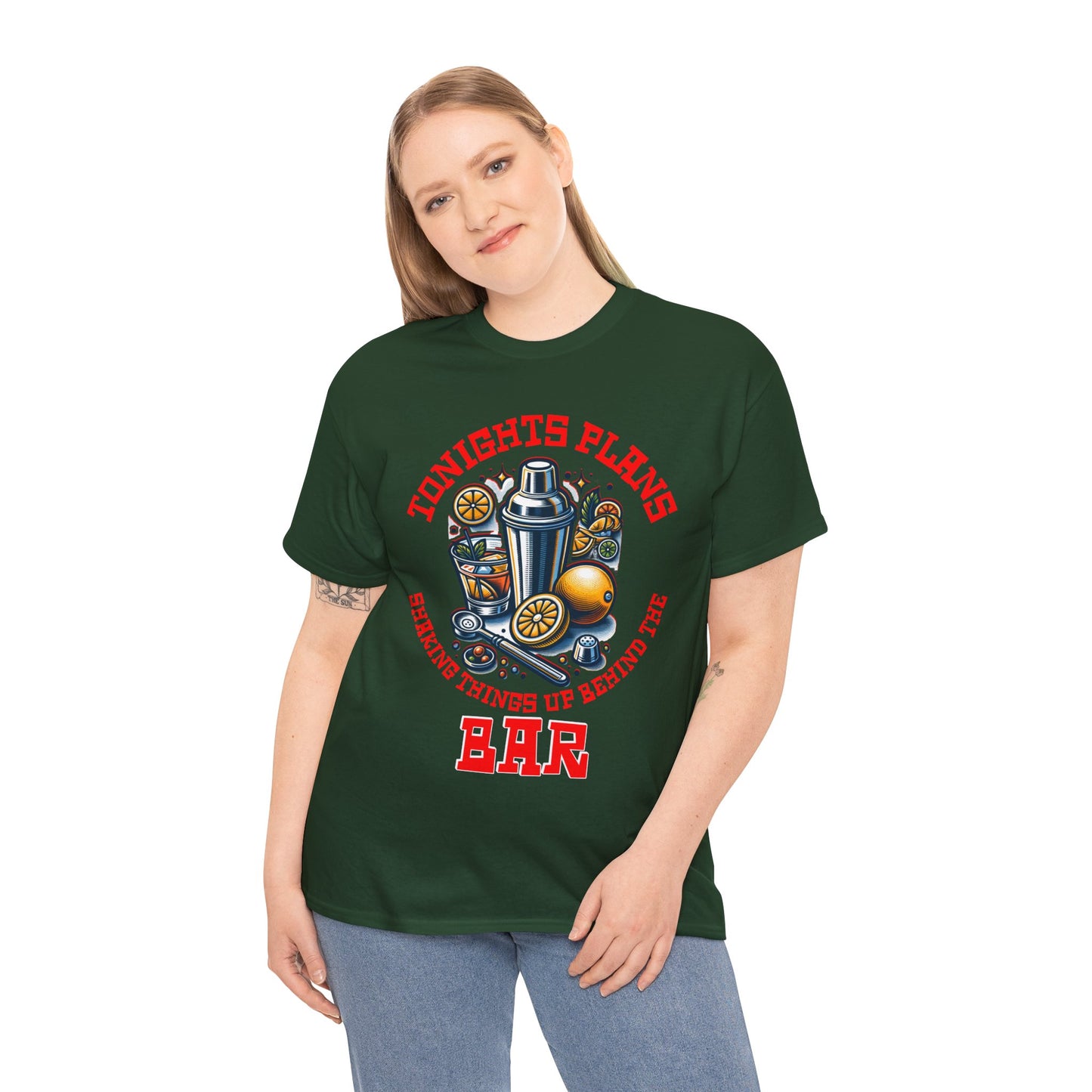 BARTENDER SHAKING THINGS UP ON FRONT  Unisex Heavy Cotton Tee