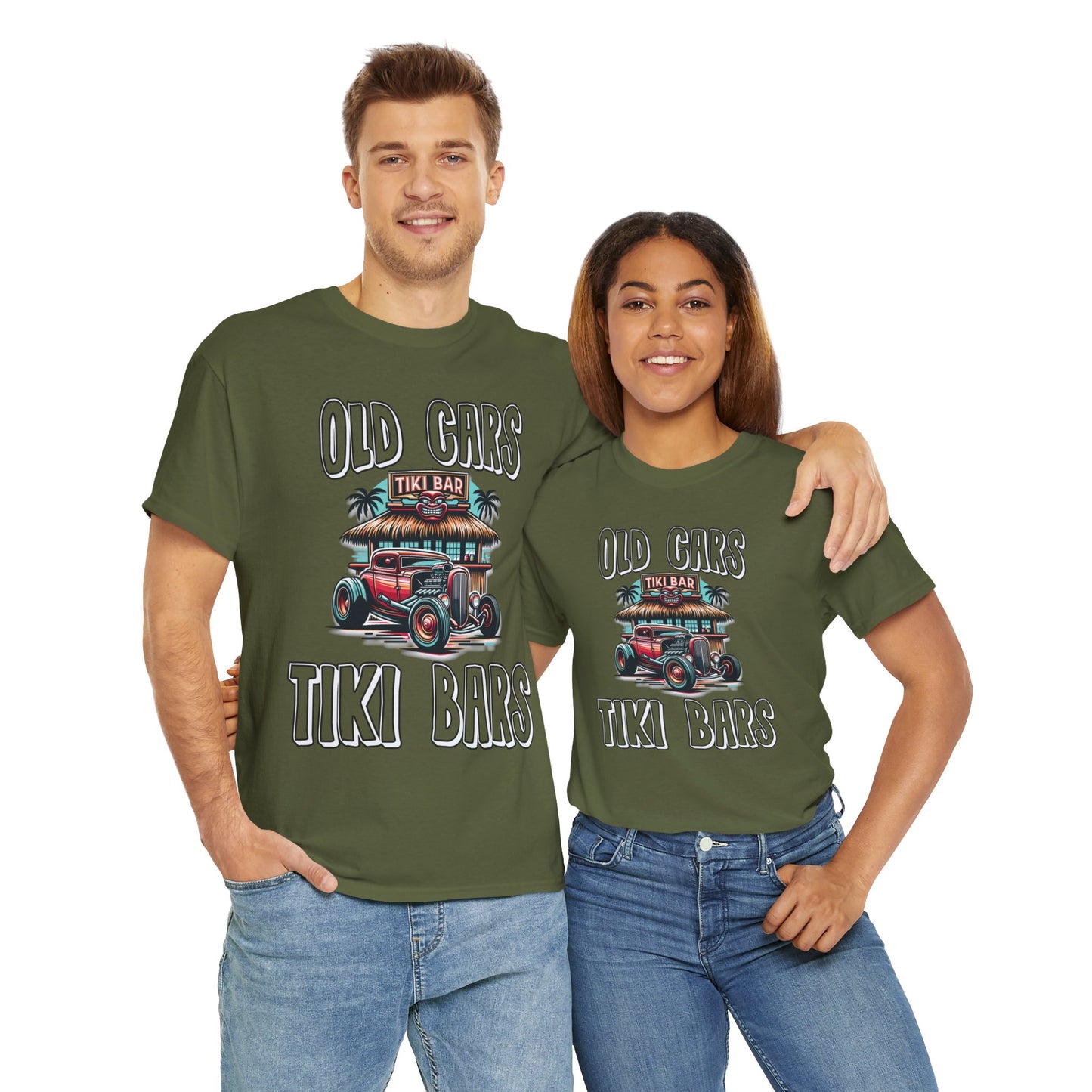 OLD CARS AND TIKI BARS ON FRONT  Unisex Heavy Cotton Tee