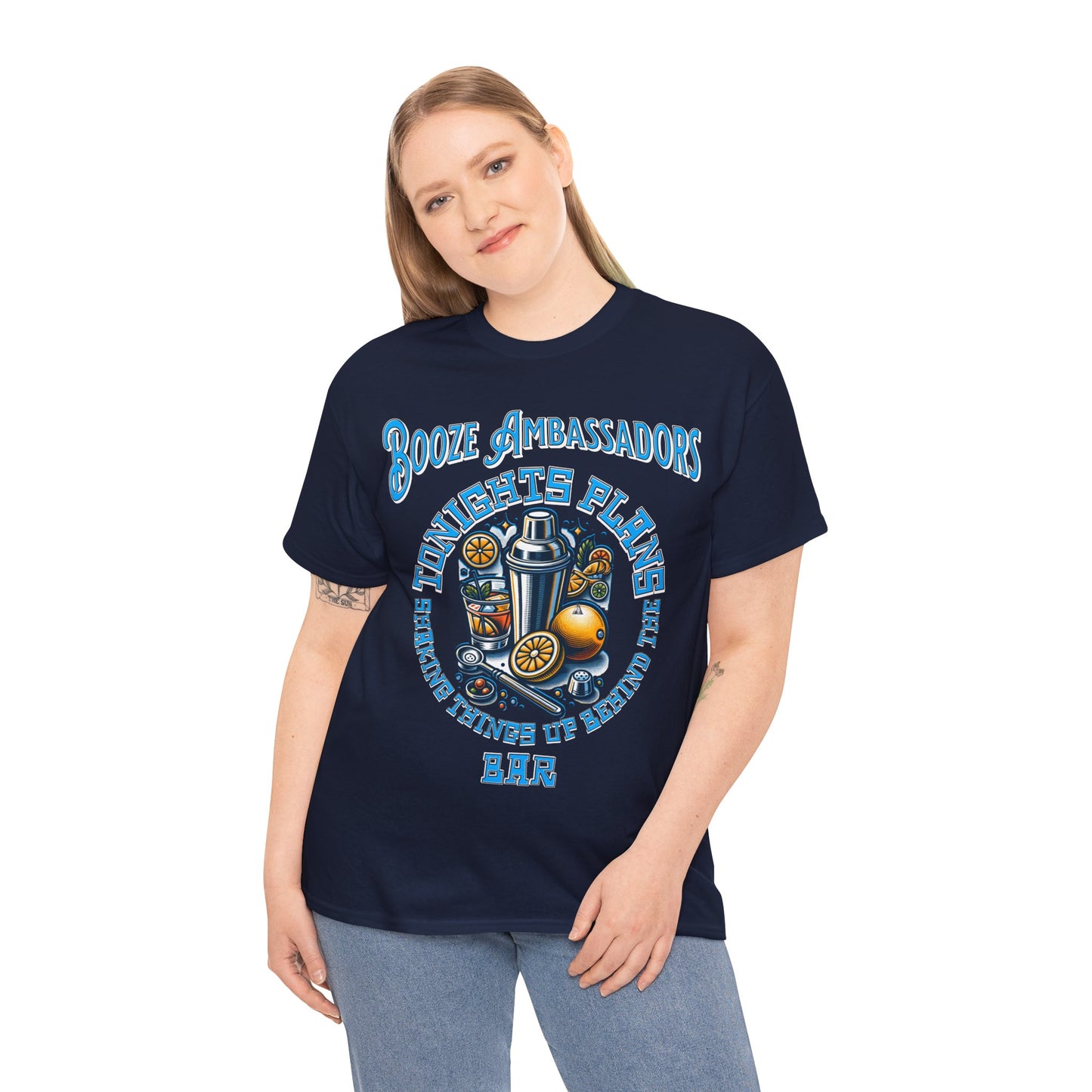 BOOZE  SHAKING THINGS UP ON FRONT  Unisex Heavy Cotton Tee
