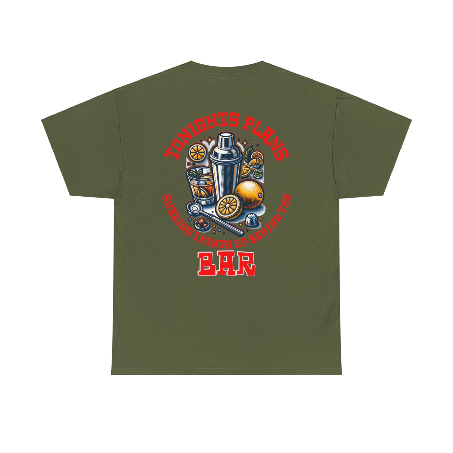BARTENDER SHAKING THINGS UP ON BACK  Unisex Heavy Cotton Tee