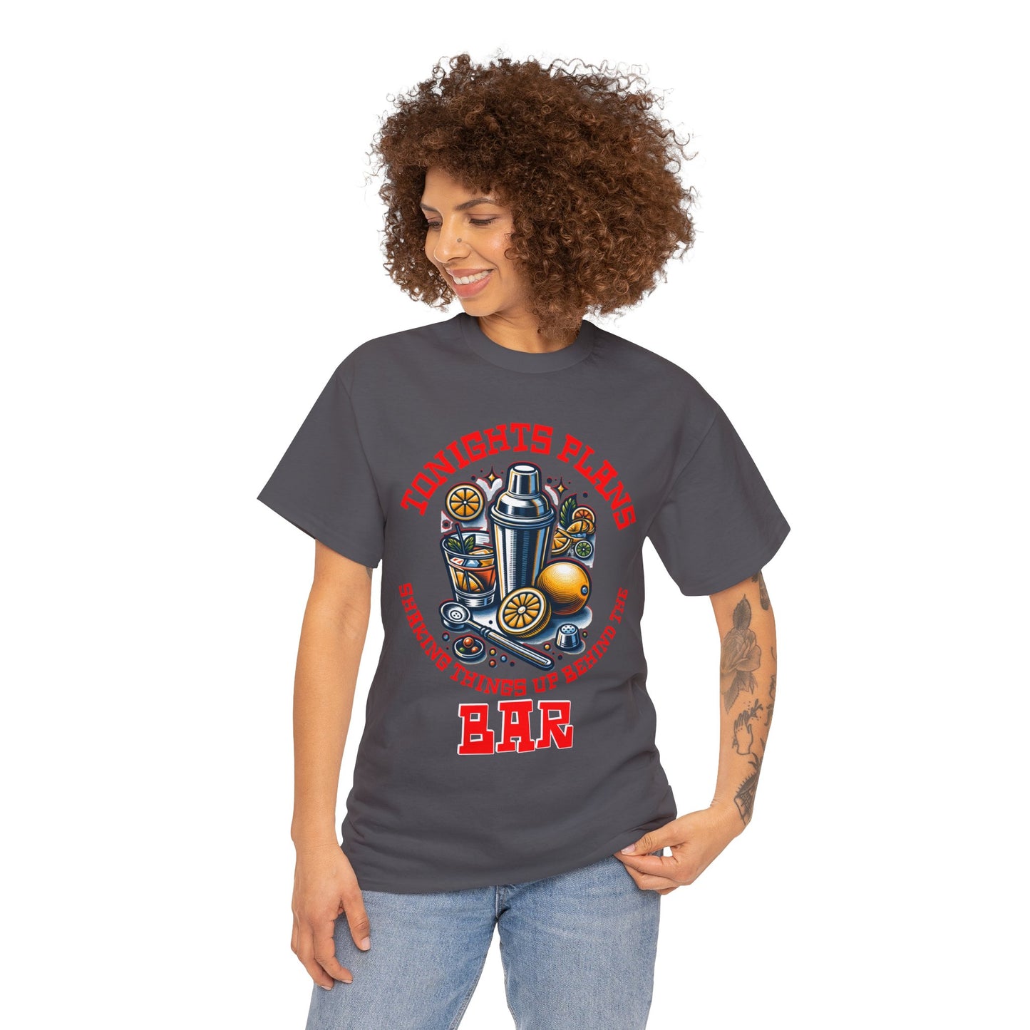 BARTENDER SHAKING THINGS UP ON FRONT  Unisex Heavy Cotton Tee