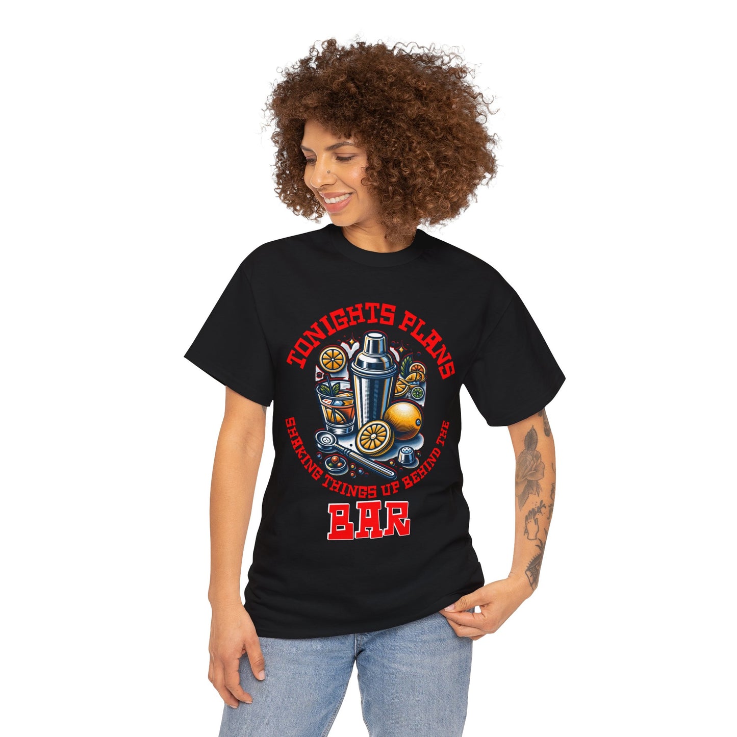 BARTENDER SHAKING THINGS UP ON FRONT  Unisex Heavy Cotton Tee
