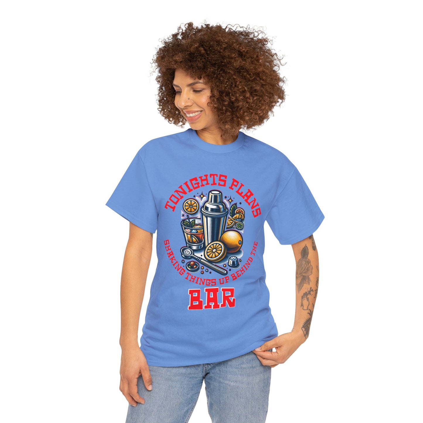 BARTENDER SHAKING THINGS UP ON FRONT  Unisex Heavy Cotton Tee