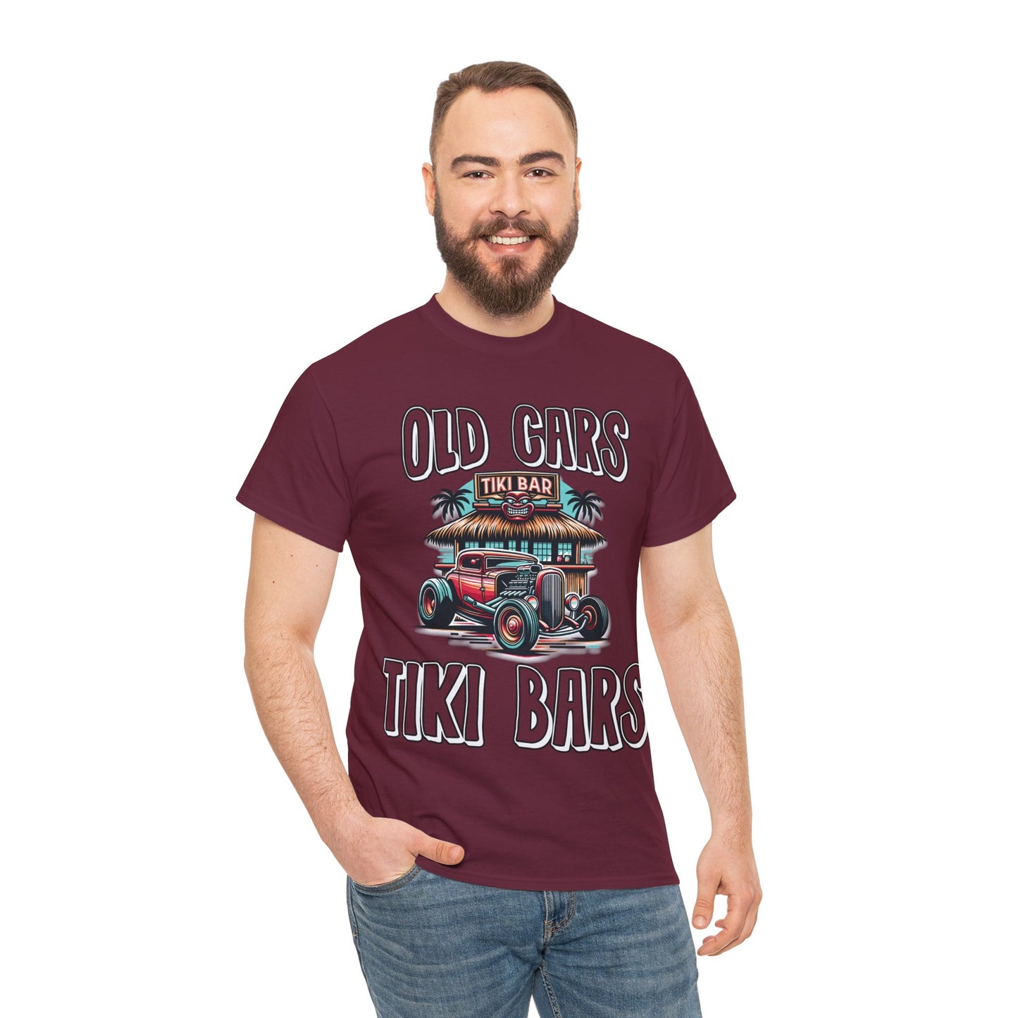 OLD CARS AND TIKI BARS ON FRONT  Unisex Heavy Cotton Tee