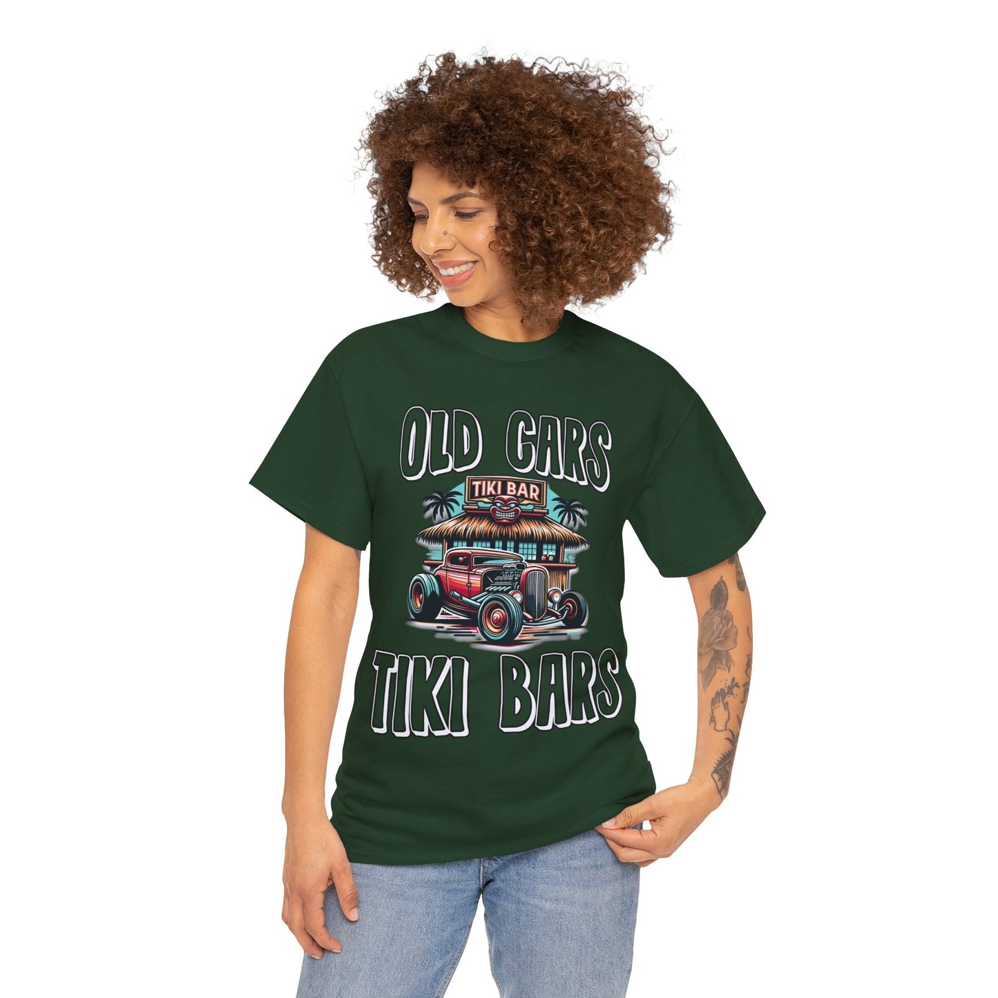 OLD CARS AND TIKI BARS ON FRONT  Unisex Heavy Cotton Tee