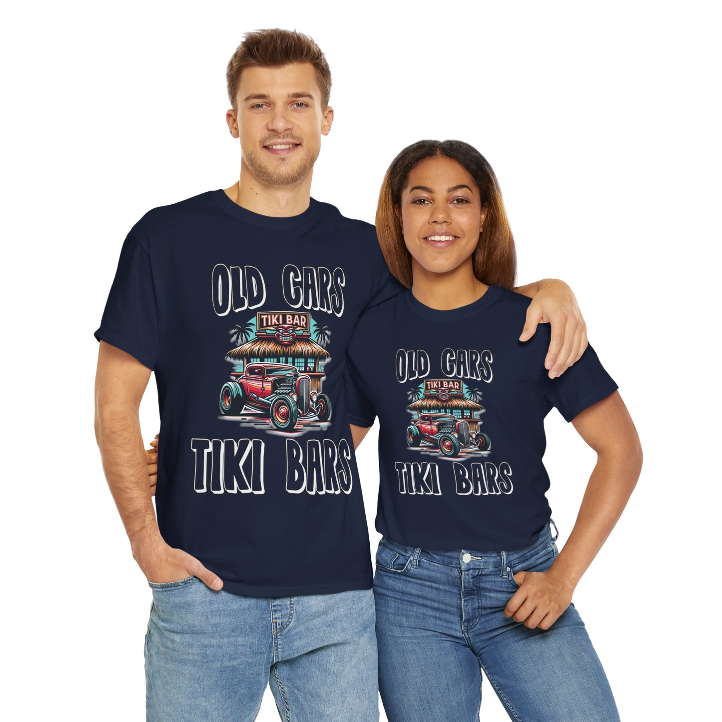 OLD CARS AND TIKI BARS ON FRONT  Unisex Heavy Cotton Tee