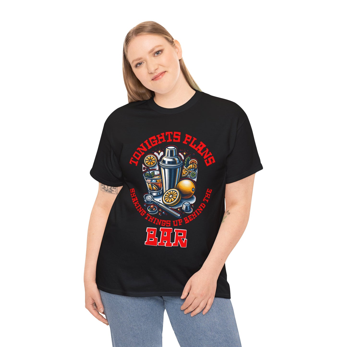 BARTENDER SHAKING THINGS UP ON FRONT  Unisex Heavy Cotton Tee