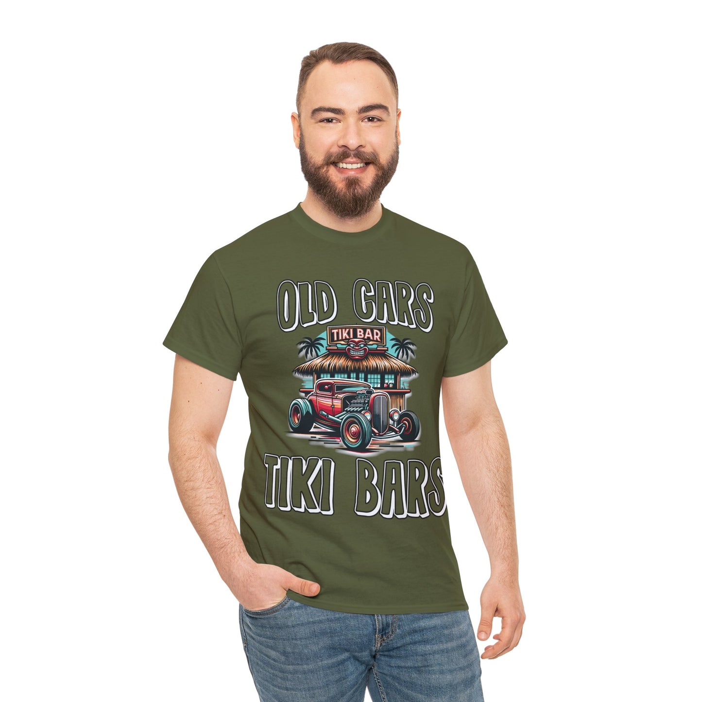 OLD CARS AND TIKI BARS ON FRONT  Unisex Heavy Cotton Tee