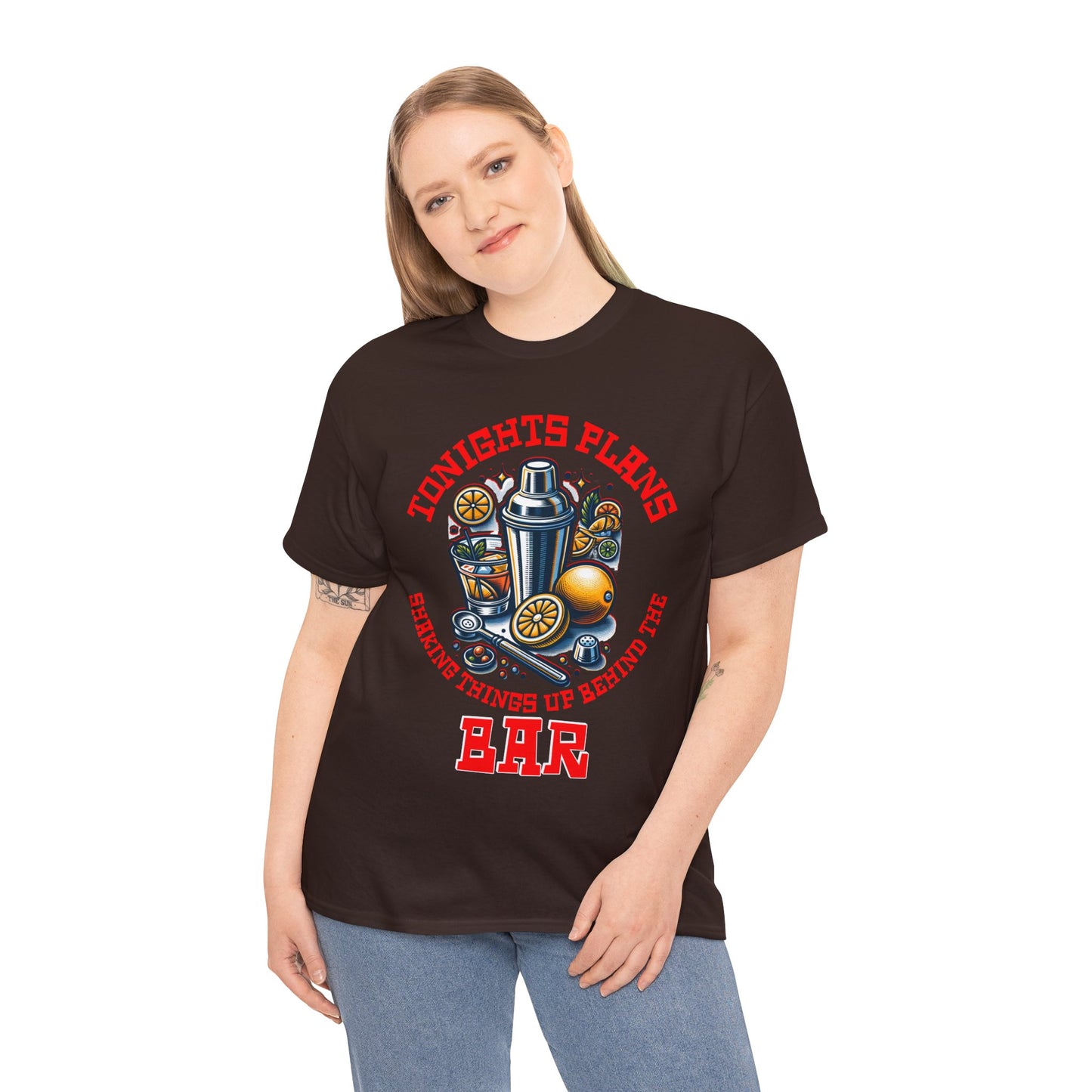 BARTENDER SHAKING THINGS UP ON FRONT  Unisex Heavy Cotton Tee
