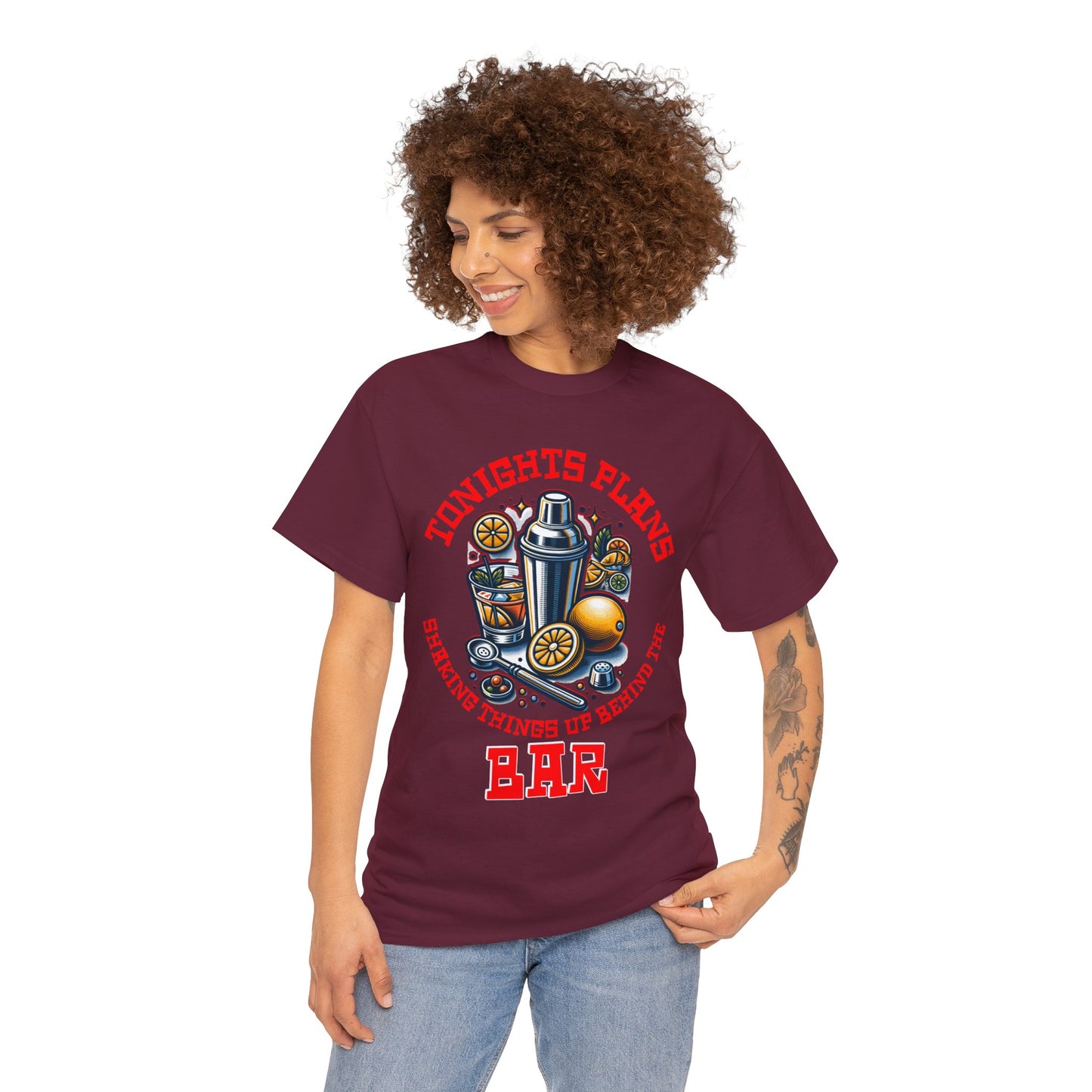 BARTENDER SHAKING THINGS UP ON FRONT  Unisex Heavy Cotton Tee
