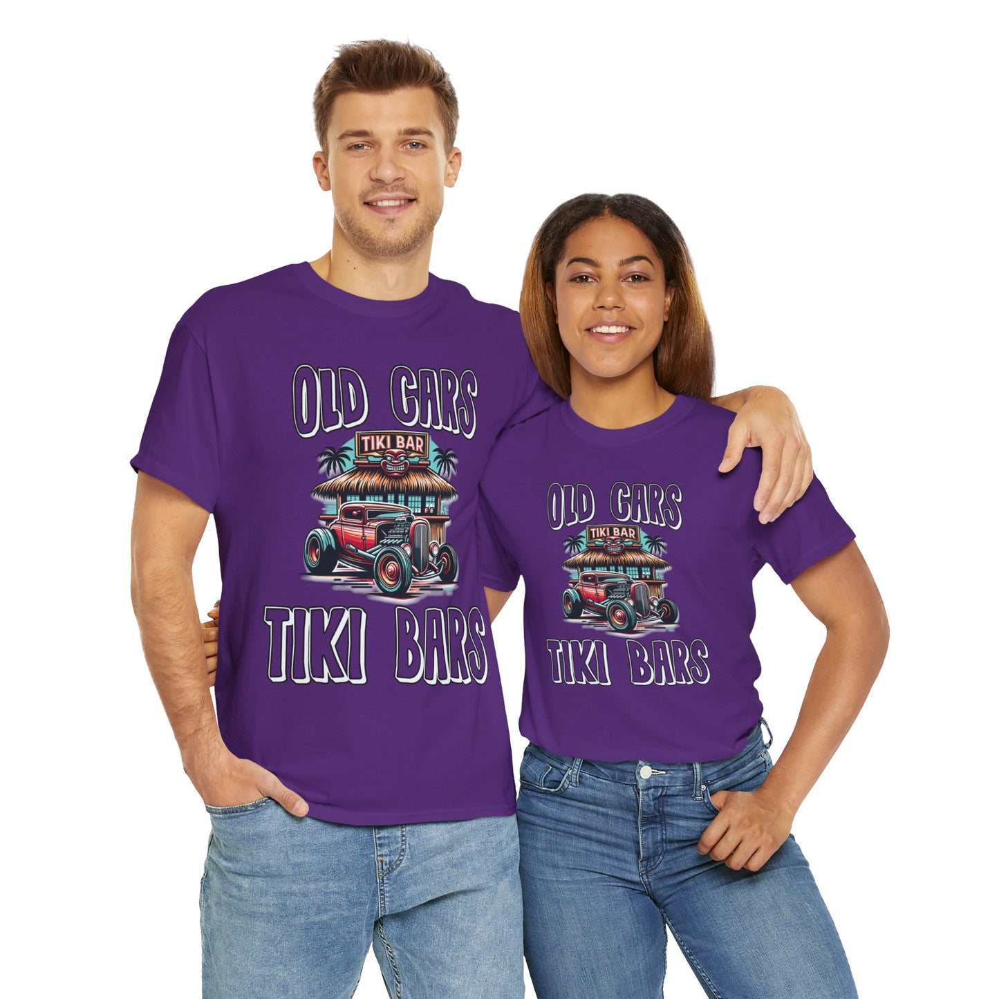 OLD CARS AND TIKI BARS ON FRONT  Unisex Heavy Cotton Tee