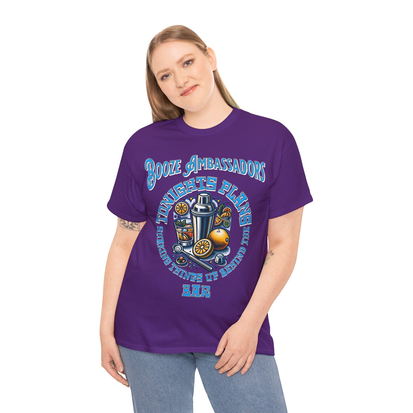 BOOZE  SHAKING THINGS UP ON FRONT  Unisex Heavy Cotton Tee