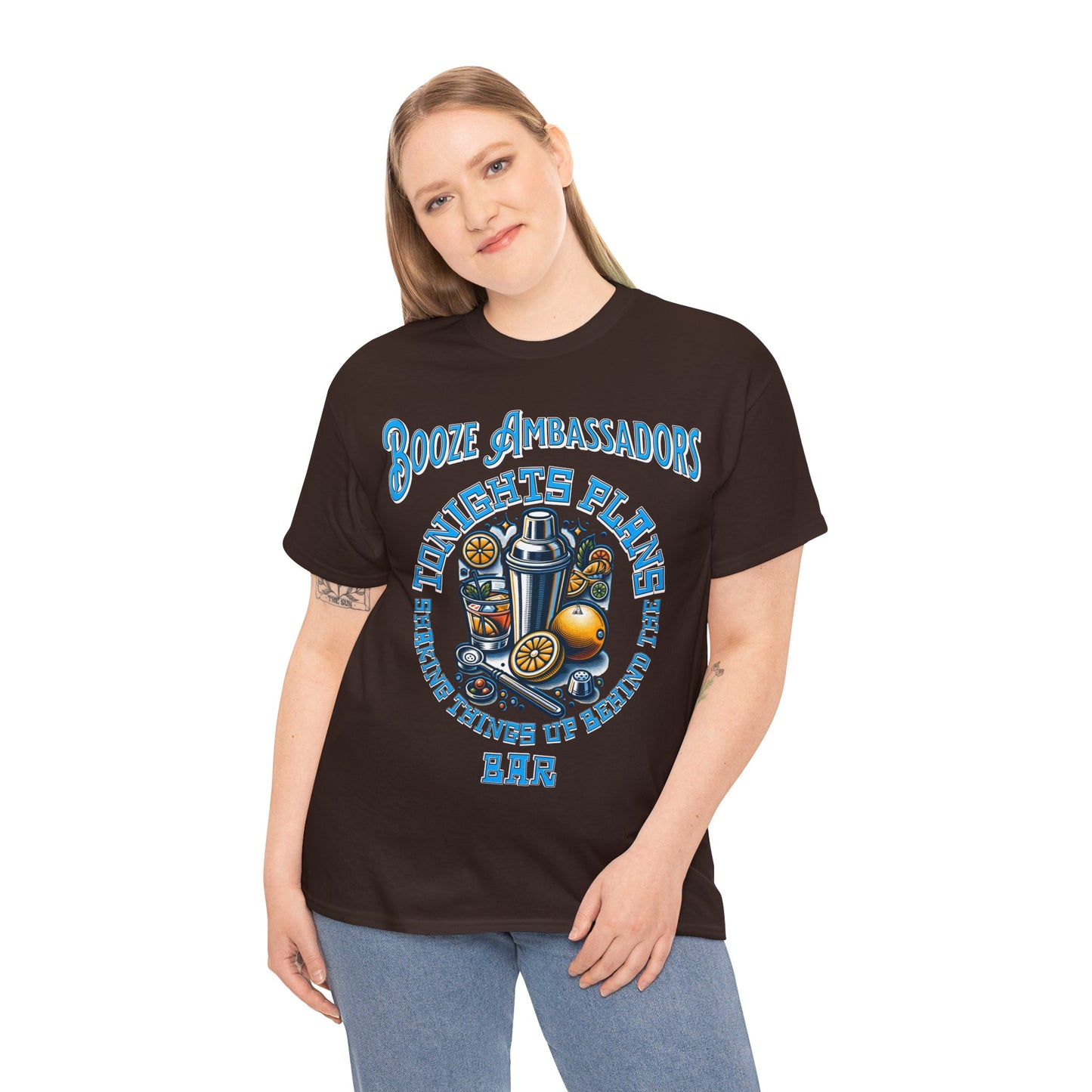 BOOZE  SHAKING THINGS UP ON FRONT  Unisex Heavy Cotton Tee
